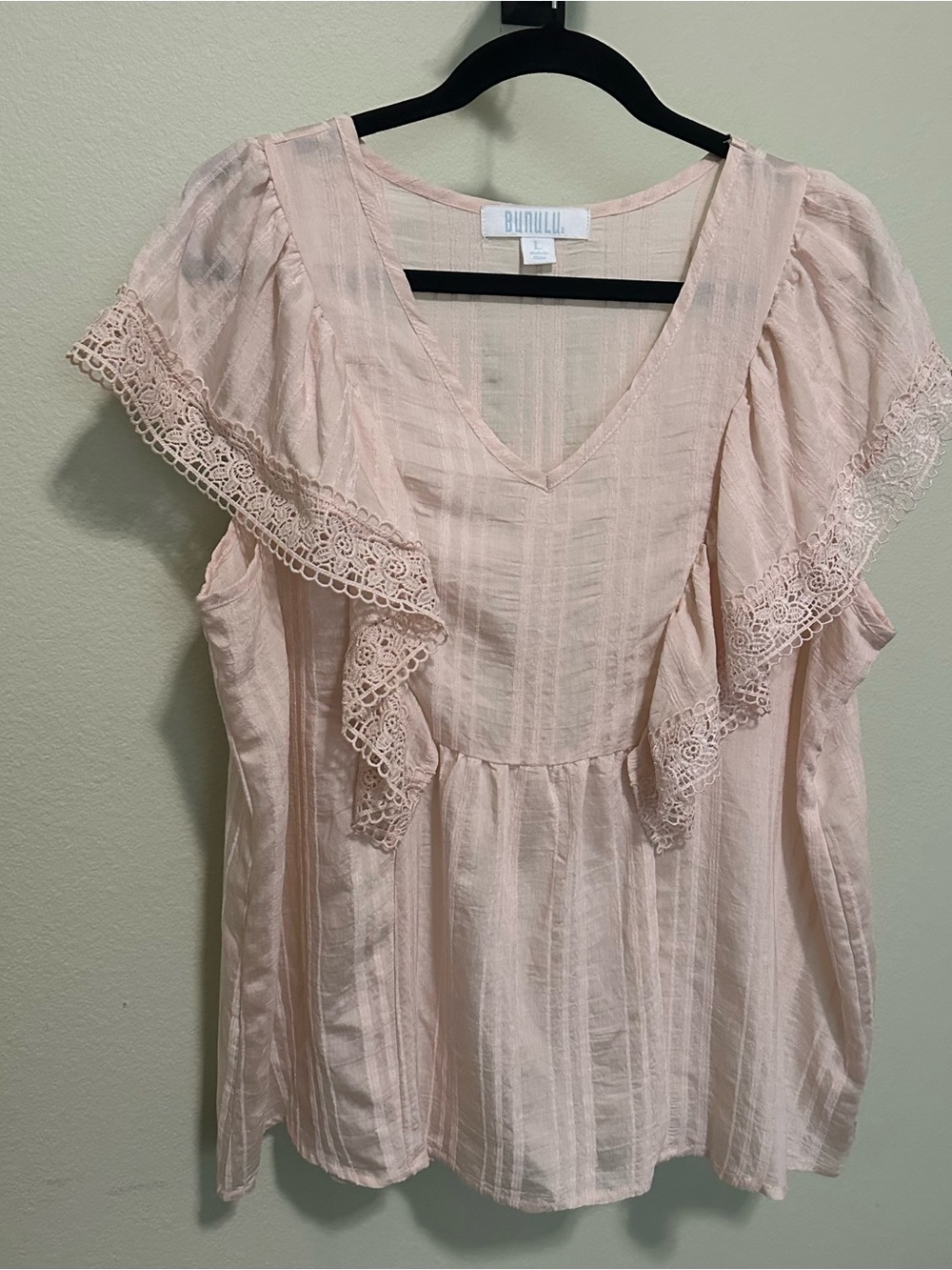 Source Unknown Blush Pink Lace-Trim Flutter Sleeve Blouse